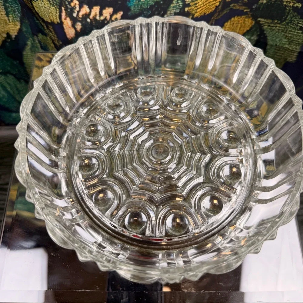 Vintage Hand‎ Painted Pink Rose Ribbed Clear Glass Candy Dish with Lid 5x6